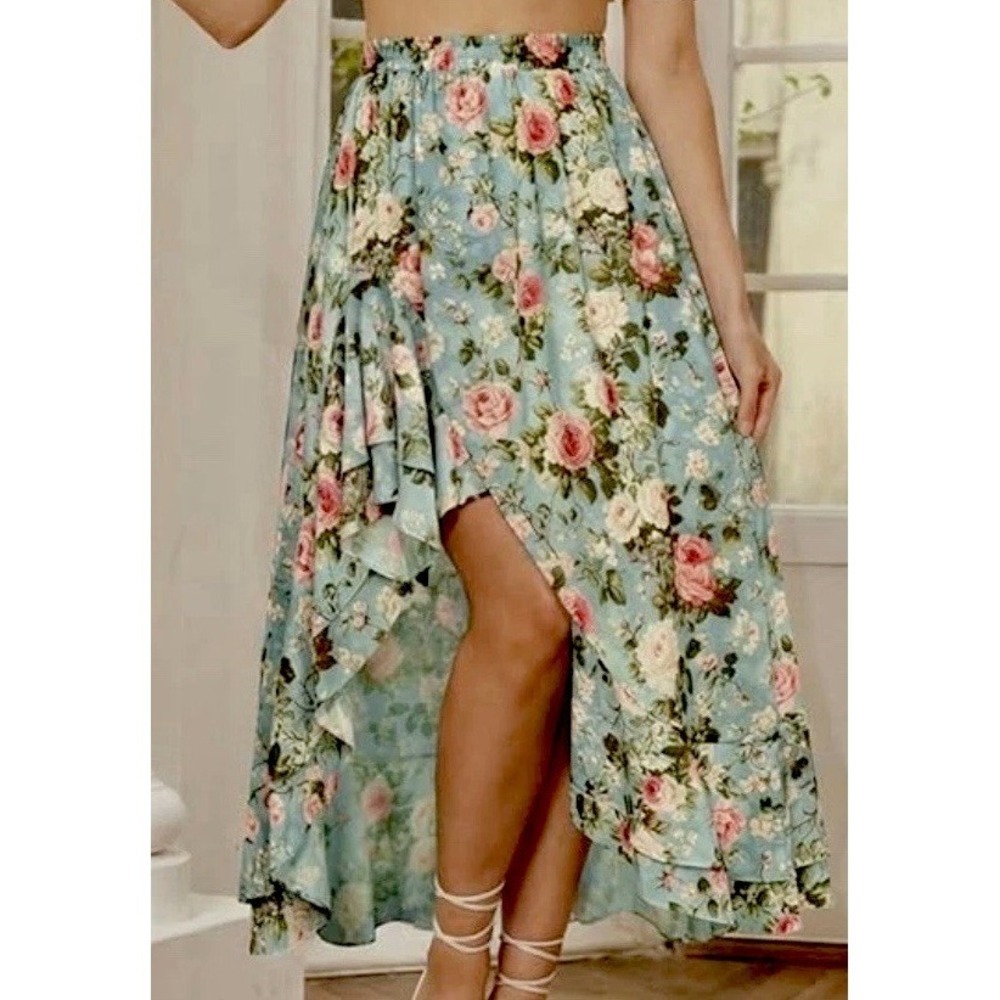 Scarlet Darkness Skirt XXL Vintage Blue Floral Maxi‎ Renaissance Prairie Slit